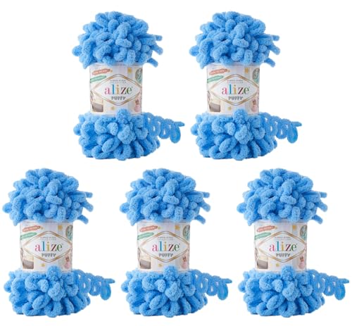 5 x 100 Gramm Strickwolle Alize Puffy, 500 Gramm Fingerstrick - Wolle super bulky, Schlaufenwolle, Stricken ohne Nadel (blau 289)