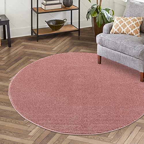 Teppich Einfarbig Rosa Wohnzimmer - Rund 160x160 cm - Hochtief-Streifen-Muster, 3D-Effekt - Kurzflor Teppiche Modern - Deko Home&Living