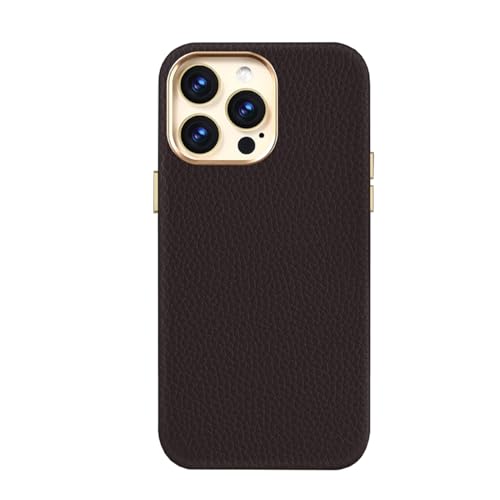 LXURY Hülle Echtes Leder für iPhone 15 Pro Max/15 Pro/15 Plus/15, Ultradünne Luxus Handyhülle Support Kabelloses Laden Weiches Magnetische Leder Cover,Braun,15 Pro''