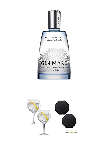 Gin Mare aus Spanien 0,5 Liter (Halbe) + Spiegelau Gin & Tonic 4390179 2 Gläser + Schiefer Glasuntersetzer achteckig 2 x ca. 9,5 cm Durchmesser