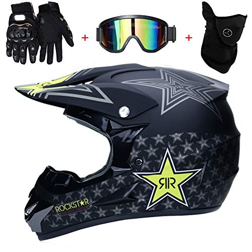 AMITD Fullface Motocross Helm mit Brille Handschuhe Maske, Adult Motorradhelm Cross Helme Mountainbike Off Road MTB Cross-Country-Helm ATV für Herren Damen, Black, M