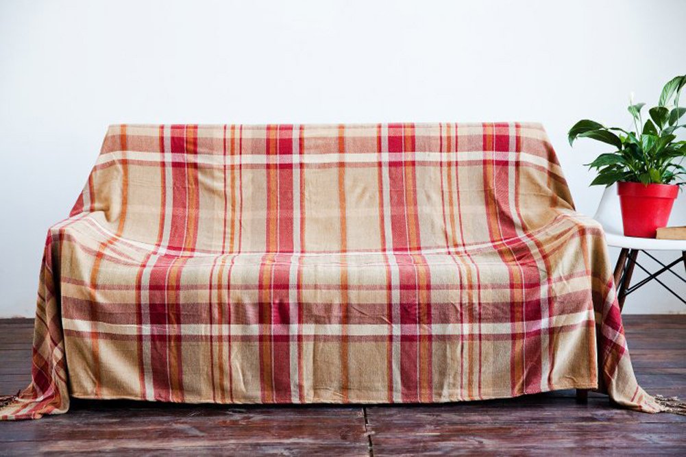 Sofa Bezüge Chenille Jacquard Quasten Überwurf Decke Sofa Stuhl Bezug Mediterraner Stil All Season Decke für Camping, Red grid, 150*190CM