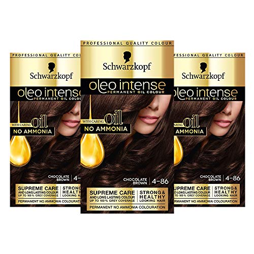 Schwarzkopf oleo intense Haarfarbe, Dreierpack, Permanente Ölfarbe, ohne Ammoniak, deckt Grau ab, Schokobraun 4-86