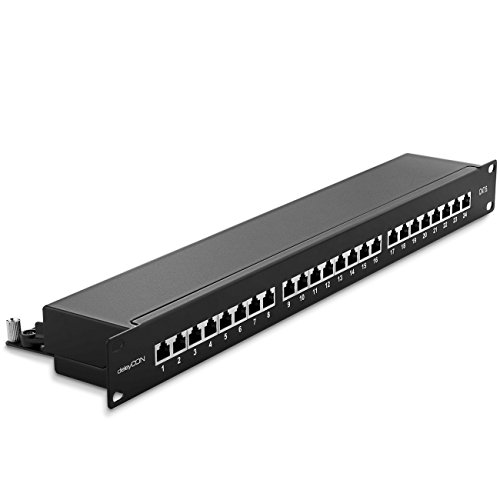 deleyCON CAT 6 Patchpanel Verteilerfeld 24 Port - Desktop 19 Zoll Rackeinbau Servermontage - RJ45 - Geschirmt - TIA568A TIA568B Schwarz