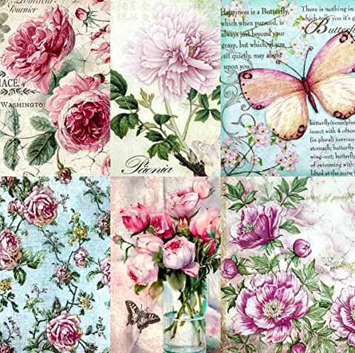 Vintage Flower Theme Maulbeere Reispapier, 20,5 x 26,5 cm – 6 x verschiedene bedruckte Maulbeere Papierbilder 30 g/m² sichtbare Fasern für Decoupage-Bastelarbeiten, gemischte Medien, Collage-Kunst