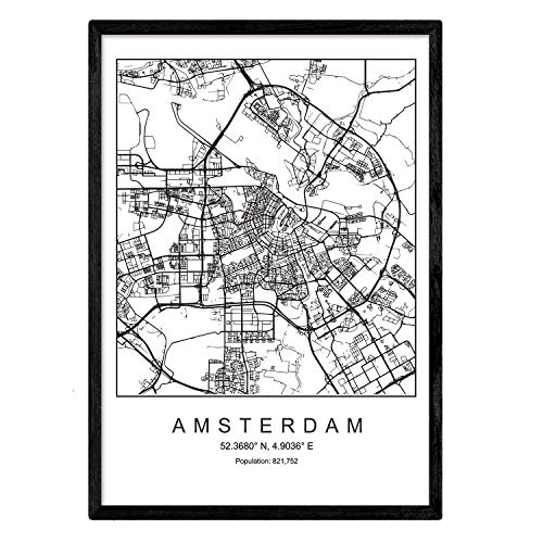 Karte der Stadtkarte Amsterdam Nordic Style in schwarz und weiß. Poster A3 Größe mit schwarzem Rahmen gedruckt Papier 250 gr. Bilder, Bettwäsche und Poster für Salon und Schlafzimmer