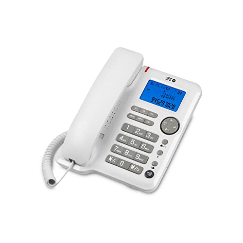 SPC Office ID – Tisch- oder Wandtelefon mit großem batteriebetriebenen Display, 3 Direktspeichern, 3 Ruftonstufen, Anrufer-ID und Freisprecheinrichtung – Weiß