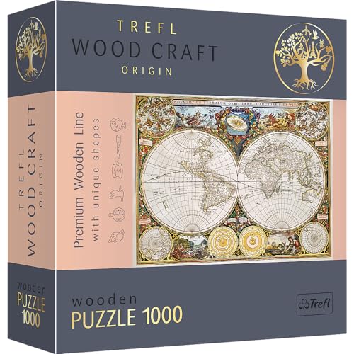 Trefl 20144 1000 Elemente, Wood Craft, unregelmäßige Formen, 100 Reisende Figuren, modernes Premium, DIY, für Erwachsene und Kinder ab 12 Jahren, Antike Weltkarte Puzzle