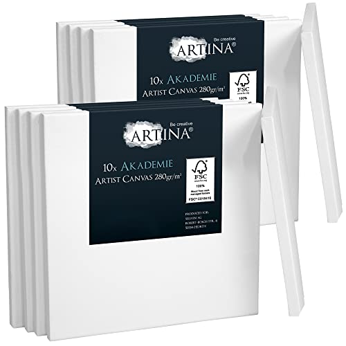 Artina FSC® Keilrahmen 10er Set Akademie 20x20 cm – Leinwand Set Maltuch aus 100% Baumwolle Leinwände 280 g/m² - Keilrahmenset Leinwand zum Bemalen für Acryl-, Aquarell-, Ölfarbe uvm