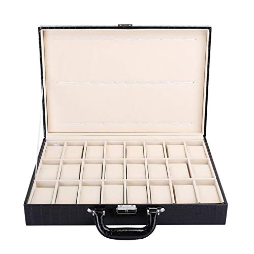 Ichiias Uhr Aufbewahrungsbox 24 Grid Uhr Koffer PU Leder Großraum Uhr Organizer mit Schlüssel 16,9 x 11,4 x 3,5 Zoll