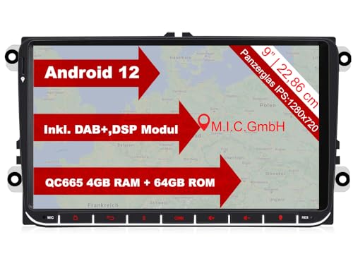 M.I.C. AV9V2 Android 10 Autoradio mit navi Qualcomm Snapdragon 665 4G+64G Ersatz für VW Golf t5 touran Passat RNS RCD Skoda SEAT: SIM DAB Plus Bluetooth 5.0 WiFi 2din 9" IPS Panzerglas Bildschirm USB