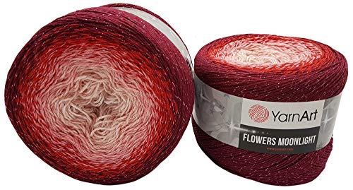 YarnArt Flowers 500 Gramm Bobbel Wolle mit Glitzer und Farbverlauf, 53% Baumwolle, Bobble Strickwolle Mehrfarbig (rot rosa weiß 3269)