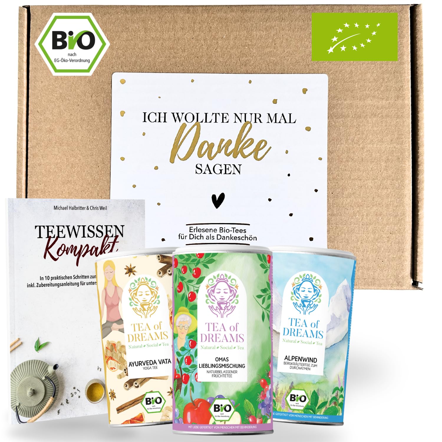 Tee Geschenkset 'Danke' – 3 Bio-Tees & 48-seitiges Magazin 'Teewissen Kompakt' – Einzigartiges Dankeschön Geschenk für Tee-Liebhaber