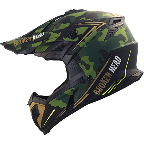 Broken Head Squadron Rebelution - Motorrad-Helm Für MX, Motocross, Sumo und Quad - Camouflage Grün-Gold - Größe S (55-56 cm)