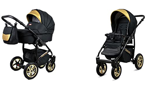 BabyLux Gold Lux 2-in-1 Baby Kinderwagen Tief und Kinderwagen mit Zubehör Verstellbar und faltbar Aluminium Konstruktion Wasserdicht Nicht abnehmbare Räder Onyx Black Frame