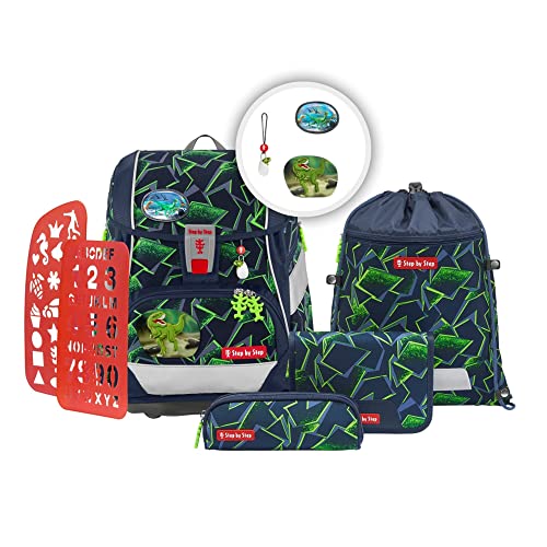 Step by Step Schulranzen-Set 2IN1 Plus „Wild T-Rex Taro“ 6-teilig, ergonomischer Tornister, höhenverstellbar mit Hüftgurt, für die Grundschule, ab der 1. Klasse, 19L, grün-schwarz, Dino-Design