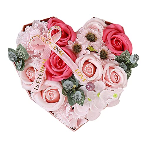 Ewige konservierte Rose, Badeseife Blume mit Grußkarte, Herzform Dekorative Blume Geschenkbox für Valentinstag, Creme Rosenblütenstrauß Rosa