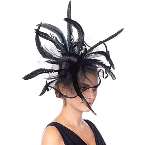 Fascinator-Hüte Kopfschmuck aus Netzstoff, Kopfschmuck aus Netzstoff, Haarschmuck aus Federn, Ballhüte, Haarspangen, Haarbänder (Color : Black, Size : One Size)