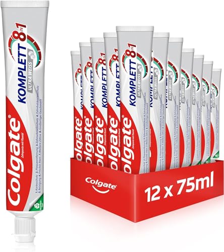 Colgate Zahnpasta Komplett Ultra Weiss 12x75 ml – entfernt Verfärbungen sanft für eine natürliche Zahnaufhellung – kompletter Rundum-Schutz für gesunde Zähne