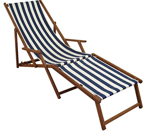 Erst-Holz® Liegestuhl blau-weiß Sonnenliege Gartenliege Deckchair Buche dunkel Fußablage klappbar 10-317F
