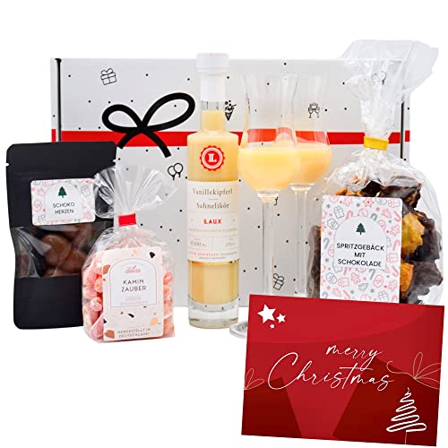 Geschenkset „Kaminzauber“ | Weihnachten-Geschenkkorb mit Vanille-Sahnelikör, Weihnachtsgebäck, Bonbons & Schokolade