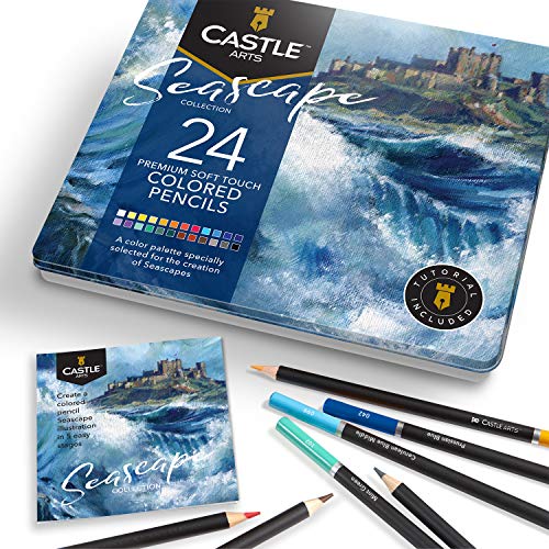 Castle Arts Themed 24 Buntstiftsets in Blechdose, perfekte Farben für 'Meeresblick'. Mit hochwertigem, glattem Farbkern, hervorragender Misch- und Überlagerungsleistung für großartige Ergebnisse