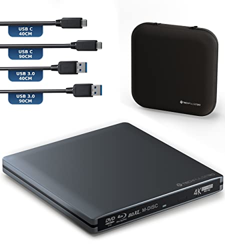 techPulse120 Externes USB 3.1 Blu-ray DVD CD USB-C UHD 4k 3D M-DISC BDXL HDR10 100GB Laufwerk Brenner Burner Superdrive BD Imperator Paket Tasche 90cm Anschlusskabel Aluminium Grau