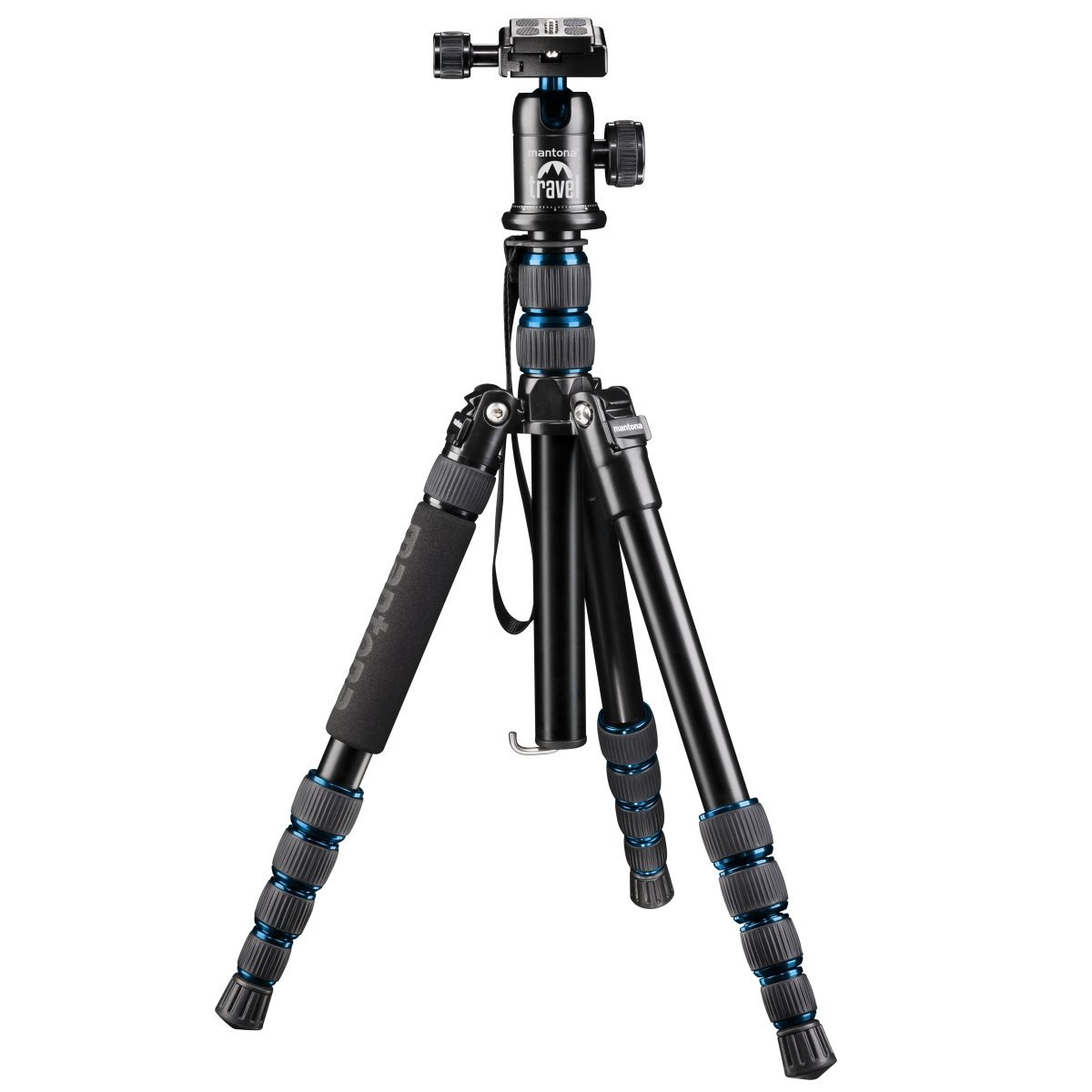 Mantona DSLM Reisestativ für System/DSLR/Kompaktkamera (143 cm, Kugelkopf, Belastbarkeit: 5kg, drehbare Mittelsäule, kompaktes Packmaß) blau