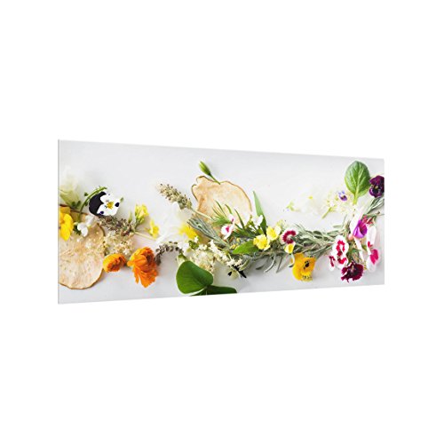 Bilderwelten Spritzschutz Glas - Frische Kräuter mit Essblüten - Panorama Quer, 40cm x 100cm