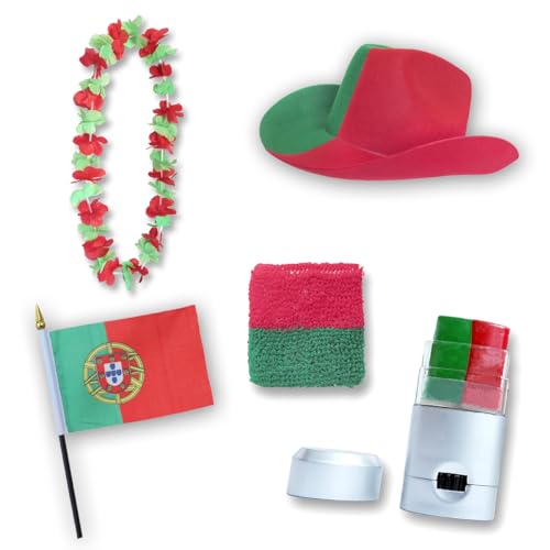 Sonia Originelli Fan-Paket EM Portugal Fußball Hut Kette Schminke Schweißband Flagge