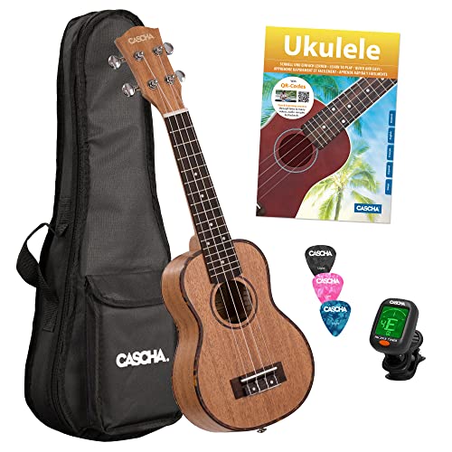 CASCHA Premium Mahagoni Sopran Ukulele Set, kleine Hawaii Gitarre, Einsteiger Ukulele mit Lehrbuch, Stimmgerät, Aquila-Saiten, Ukulele Tasche, 3 Plektren