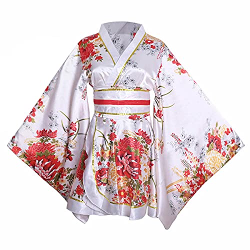 HUAHUA Damen Sexy Kurz Kimono Kleid Blumendruck Japanisch Traditionelle Geisha Yukata Bademantel Rock Gürtel Outfit (D01-Weiß, Einheitsgröße)