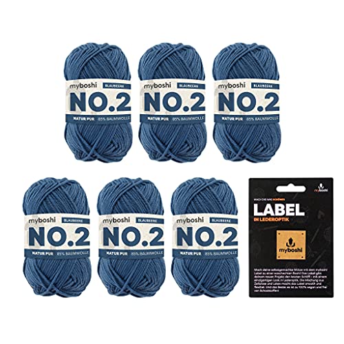 myboshi No.2-Wolle, inkl. original Label in Lederoptik, Baumwolle/Kapok zum Häkeln/Stricken, 60 Grad waschbar, für Baby und Amigurumi, Ll. 50m/50g Blau (Blaubeere) 6 Knäuel
