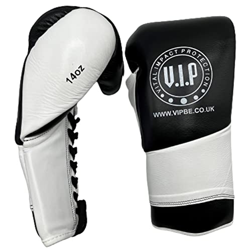 VIP Vital Impact Protection Athena 2 Leder-Boxhandschuhe, geschnürt, für MMA, Kampfsport, Fitness, Pro Sparring, Weiß/Schwarz, 473 g