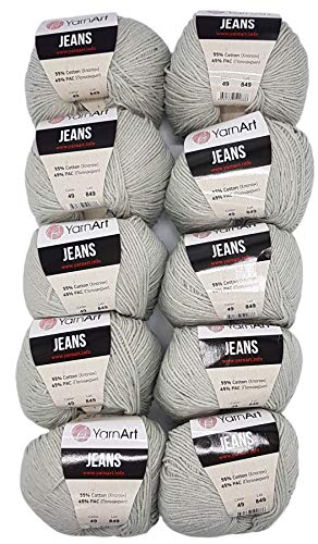 Ilkadim - YarnArt 10 x 50g Strickwolle YarnArt Jeans einfarbig mit 55% Baumwolle, 500 Gramm Wolle einfarbig (grau 49)