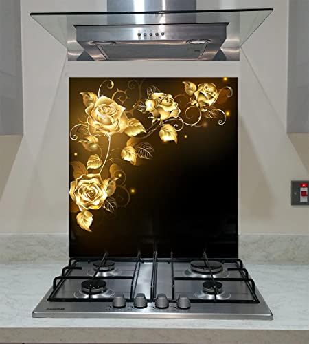 Spritzschutzscheibe aus gehärtetem Glas, gedreht, goldfarbene Rosen auf dunklem Hintergrund, jede Größe, Va Art Glas (Breite 80 x Höhe 70 cm)