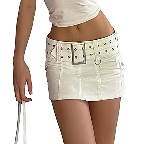 Yokbeer Frauen Sexy Kurze Jeansröcke mit Niedriger Taille, Figurbetonter Minirock mit Taschen, Ästhetischer Vintage Denimrock (Color : White, Size : L)