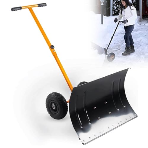 Rollender Schneeschieber mit 25-cm-Rädern, Schneeschaufel mit verstellbarem Griff, 73,7 x 48,3 cm, Gleitstange, 5-Fach höhenverstellbar, handschiebendes Schneeräumgerät für Gehwege