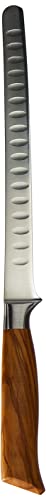 Burgvogel Solingen Lachsmesser 20 cm geschmiedet Olivenholz, Oliva Line, rostfrei, deutsches Aufschnittmesser mit Kullenschliff, hell, scharf