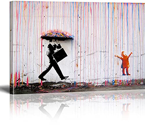 MJEDC Banksy Bilder Leinwand Kid Playing in Colorful Rain Graffiti Street Art Leinwandbild Fertig Auf Keilrahmen Kunstdrucke Wohnzimmer Wanddekoration Deko XXL 70x120cm