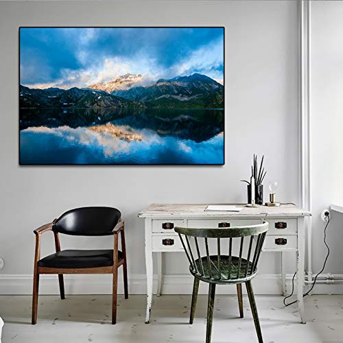 Nordische Naturlandschaft Bergsee Blauer Himmel Poster Druck auf Leinwand Wandkunst Bild für Wohnzimmer Wohnkultur-60x90cm Kein Rahmen