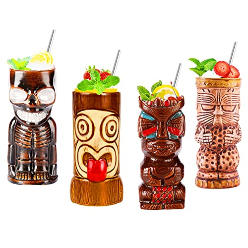 NUACOS Tiki Becher,Tiki gläser Set,Cocktail Becher,4-teiliges Cocktailgläser-Set,Tiki barzubehör,Hawaii-Party für Premium Tropische Tassen Getränke für exotische Party
