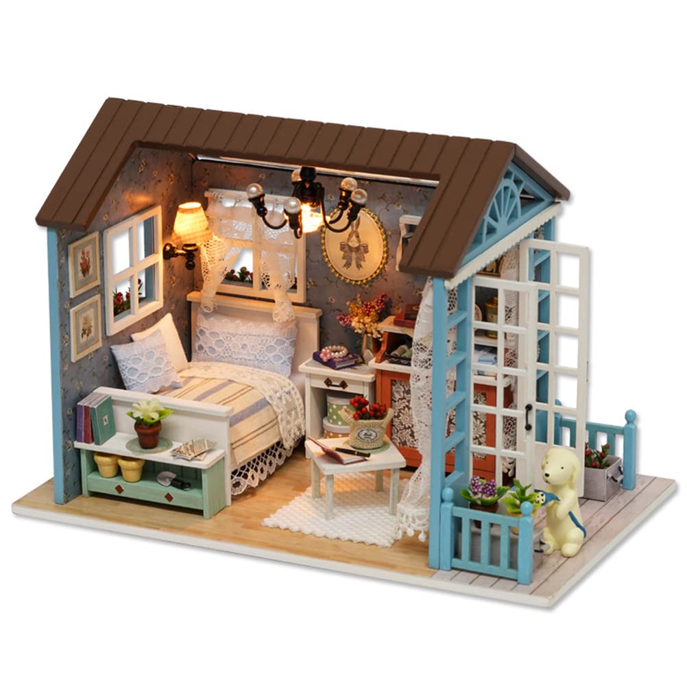 BSTCAR 3D Puppenhaus Miniatur mit Möbeln LED-Licht, DIY Hölzernes Puppenhaus Kit - Miniatur Haus Selber Bauen Idee Geschenk