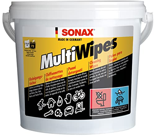 SONAX MultiWipes (72 Stück) reißfeste & widerstandsfähige Viskosevliestücher, entfernt Öl, Fett, Kleber, Teer, Tinte, Wachs und Farbe, auch für Hände geeignet | Art-Nr. 04680000