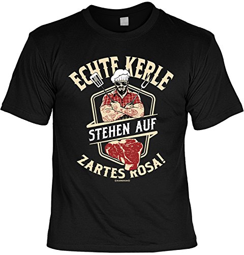 Grill T-Shirt für Männer - Echte Kerle Stehen auf zartes Rosa - BBQ Herren Shirts schwarz lustiges Geschenk-Set Bedruckt mit Mini Flaschenshirt