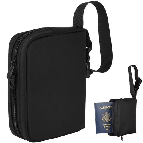 Familienpasshülle mit AirTag-Tasche, RFID-blockierende Reisepasshülle mit Handschlaufe, Reisedokumenten-Halter, Reisepass-Tasche, Organizer für Damen und Herren, für 6 Pässe, Schwarz, Modern