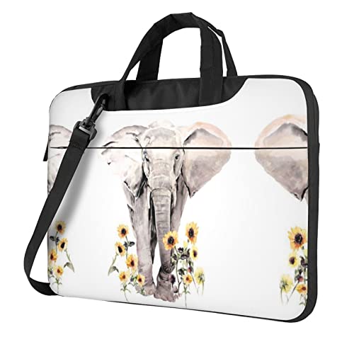 Laptop-Schultertasche mit Elefanten- und Sonnenblumen-Motiv, für Laptop und Tablet, Schwarz , 13 inch