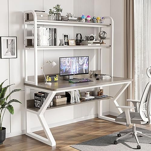 ZOUTYI Computertisch mit Schrank und Bücherregal, PC-Arbeitsschreibtisch, Heimbüro-Schreibtisch, Arbeitsstation für Erwachsene/Studenten (31 Zoll, Grauer + weißer Rahmen)
