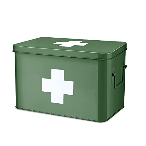 Flexzion Medizinbox, Hausapotheke Box, Apothekenbox - 31x21x19cm Medikamenten Aufbewahrung Box aus Metall für Notfall, Erste Hilfe Schrank, mit Seitengriffen, abnehmbarem Tablett & 5 Fächern, grün
