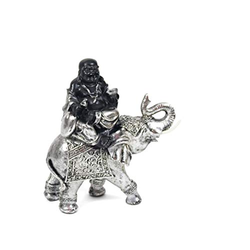 DRW Buddha mit Elefant, Kunstharz, Schwarz und Silber, 23.00 x 10.00 x 26.00 cm